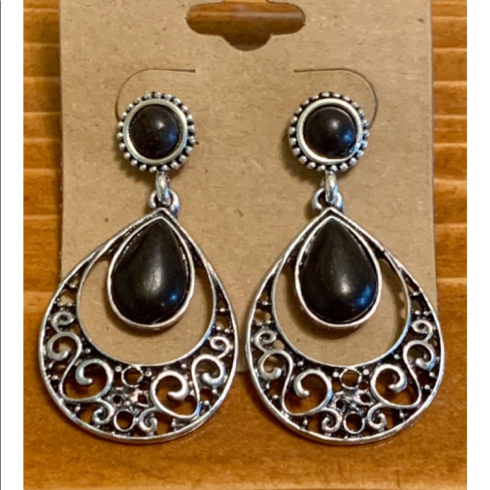 Silvertone Black Teardrop Earrings